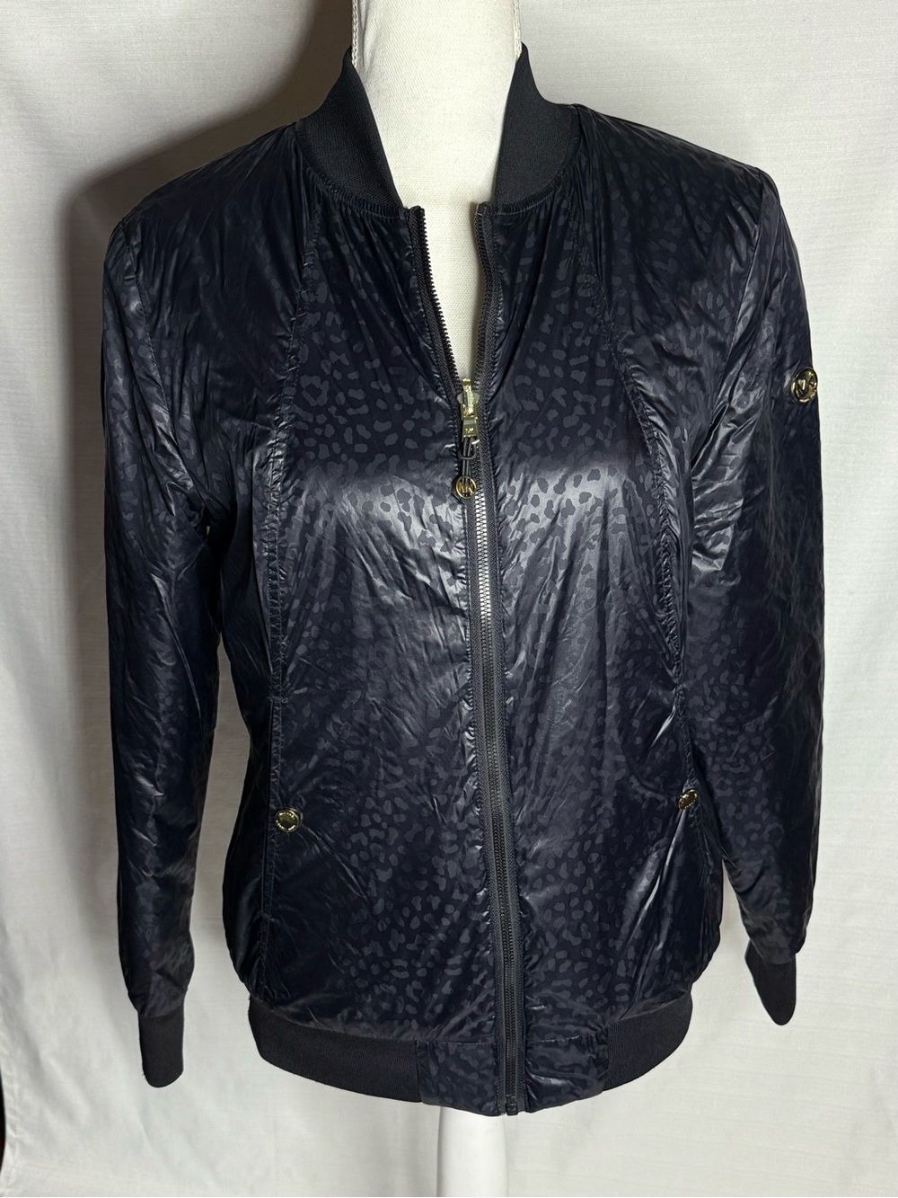 Michael Kors Womens S Navy Blue Reversible Leopard Bomber Jacket Gold Logo